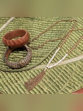 Gold Tassel Necklace with White Beads and Chain And Two Bracelets